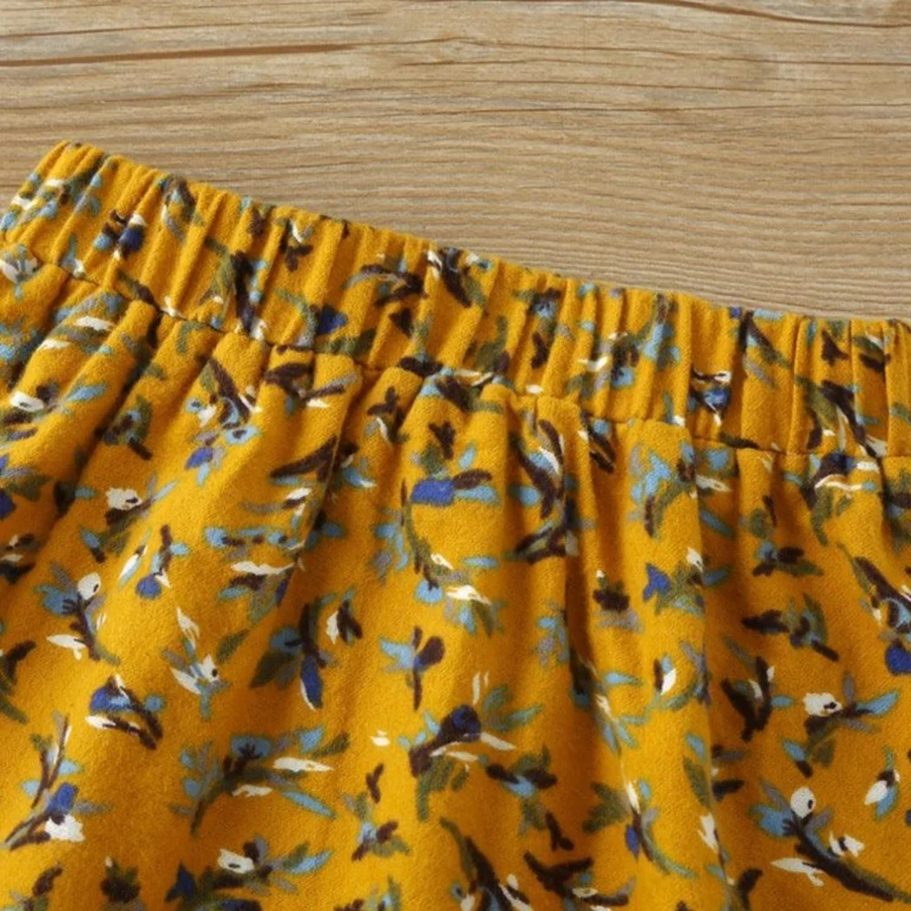 Girls Sage Green Waffle Knit Twist Front Top & Mustard Floral Skirt Set 2pc Boho